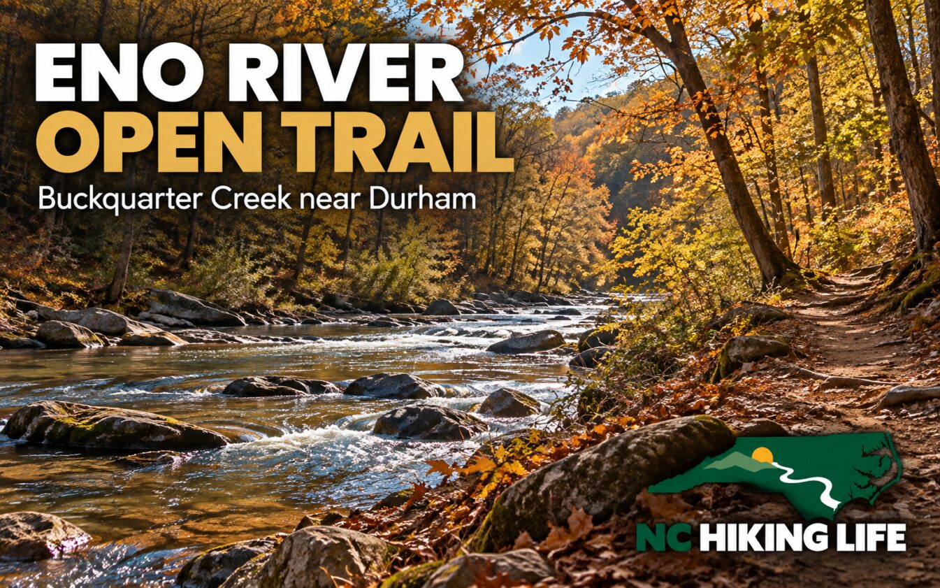 AI-generated illustration inspired by Eno River State Park, with headline text and the NC Hiking Life logo.