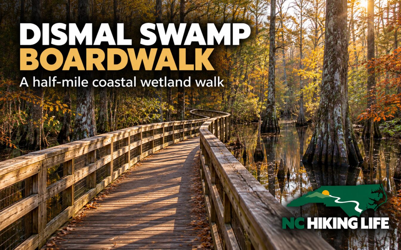AI-generated illustration inspired by Dismal Swamp State Park, with headline text and the NC Hiking Life logo.