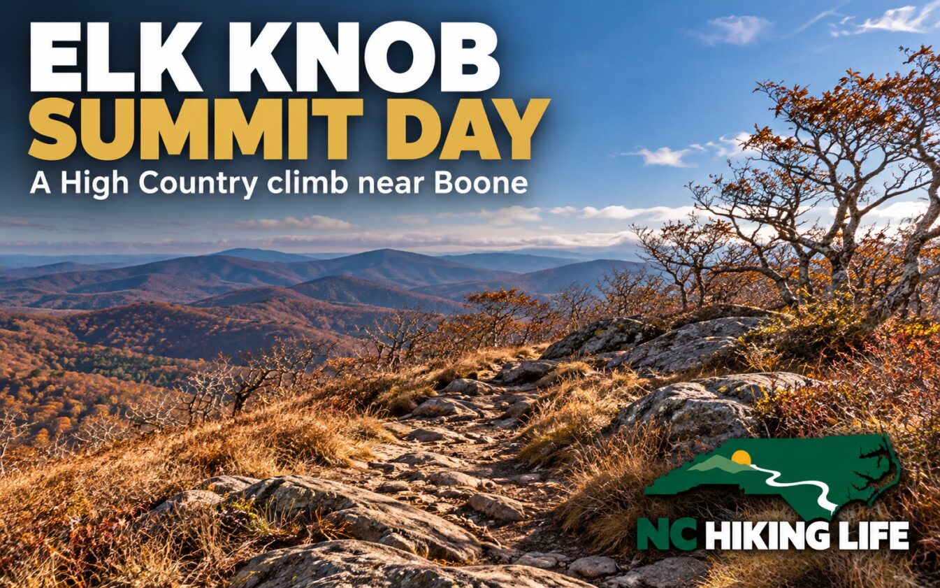 AI-generated illustration inspired by Elk Knob State Park, with headline text and the NC Hiking Life logo.