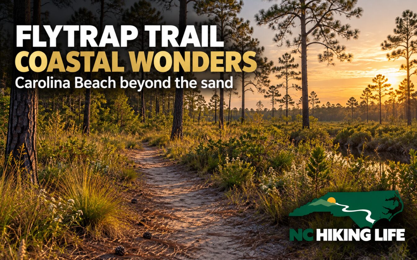 AI-generated illustration inspired by Carolina Beach State Park, with headline text and the NC Hiking Life logo.
