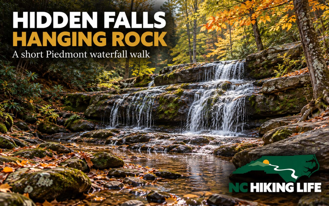AI-generated illustration inspired by the destination: A small, tiered waterfall spills over mossy rock ledges in a hardwood forest touched with fall color.