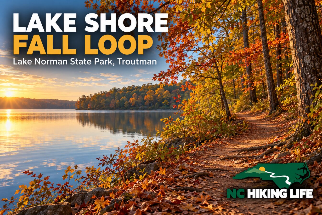 AI-generated illustrative hiking graphic: A wooded trail winding along a calm lake shore with yellow and orange leaves reflecting on the water.