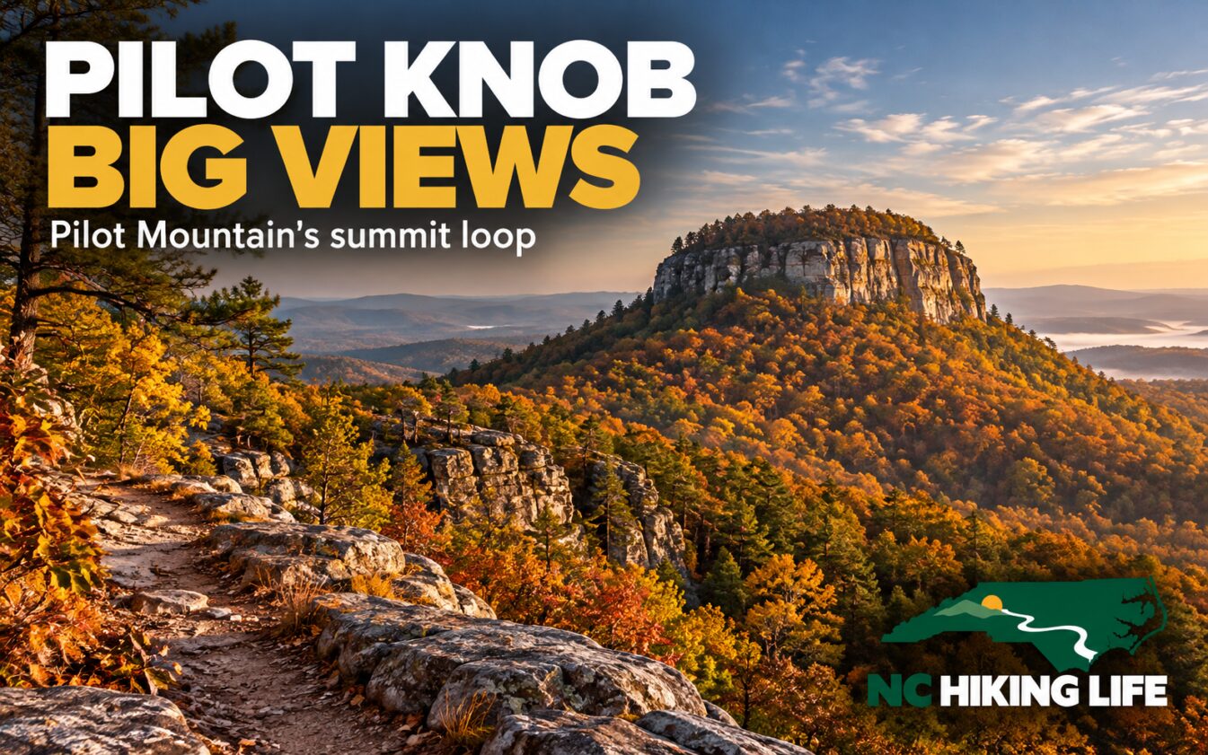 AI-generated illustration inspired by Pilot Mountain State Park, with headline text and the NC Hiking Life logo.