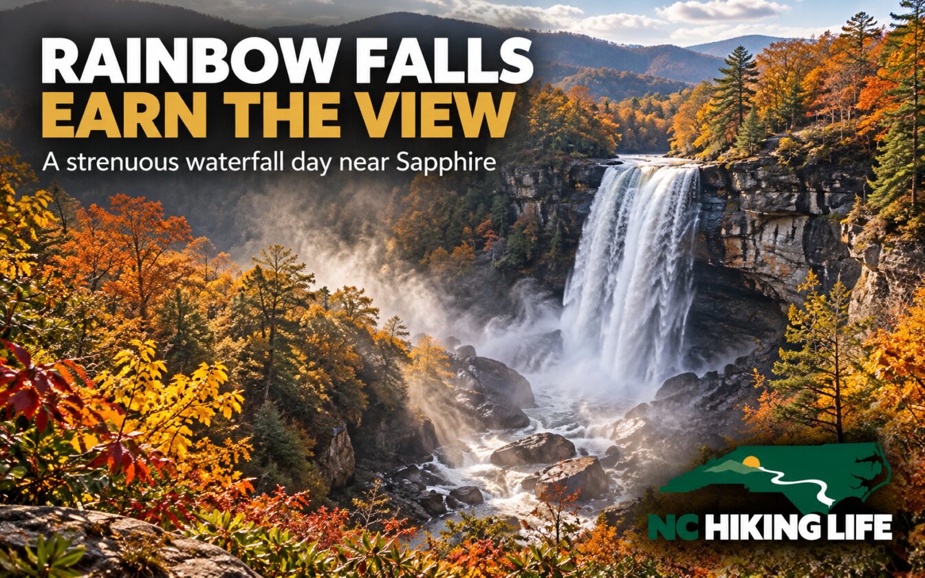 AI-generated illustration inspired by Gorges State Park / Pisgah National Forest, with headline text and the NC Hiking Life logo.