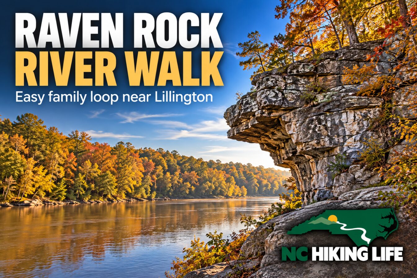 AI-generated illustrative hiking graphic: A tall, weathered rock face rising above a wide, calm river lined with autumn trees in gold and rust.