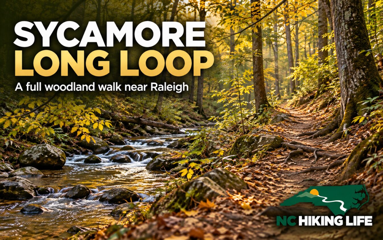 AI-generated illustration inspired by William B. Umstead State Park, with headline text and the NC Hiking Life logo.